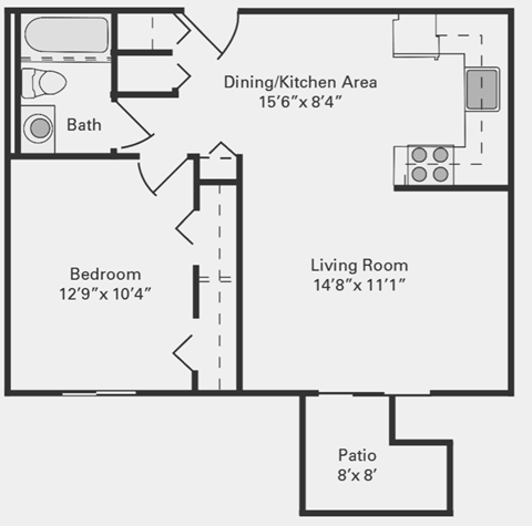 Floor plan for 1 bed, 1 bath, 574 sqft